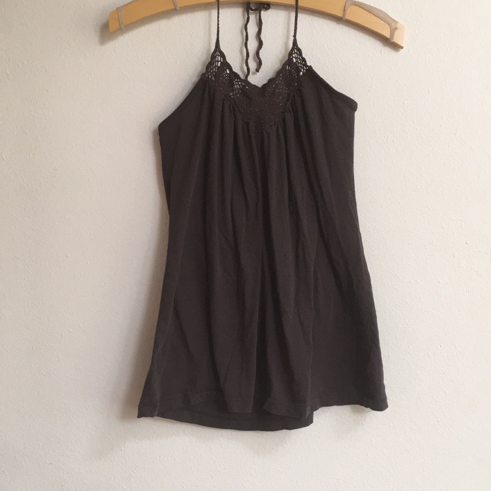Brown halter top with crochet neckline